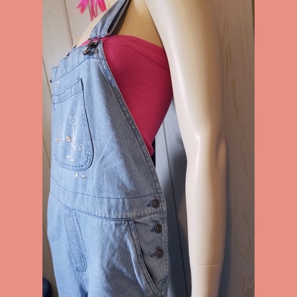 Vintage 90s Embroidered Cats Blue Denim Capri Overalls - Picture 2 of 10